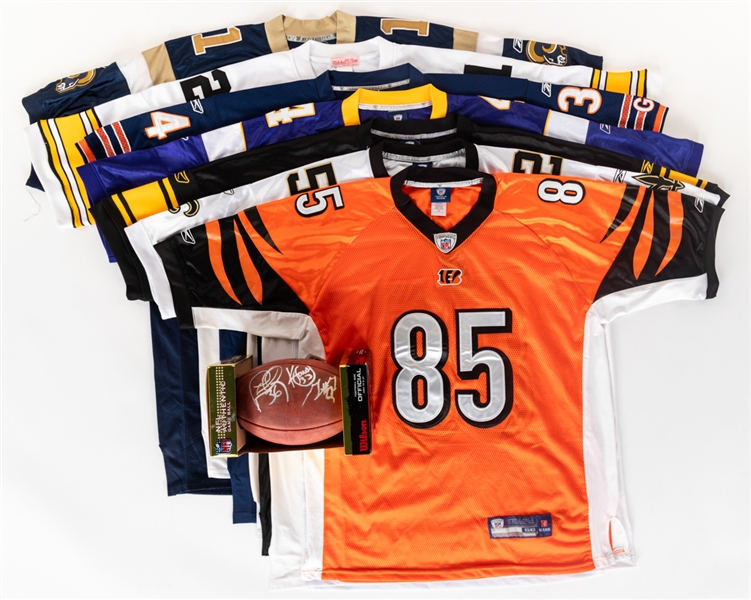 NFL Pro Model Jersey Collection of 7 Plus Wilson Football signed by Kevin Faulk, Lawyer Milloy and Geneo Grissom with NFL COA 