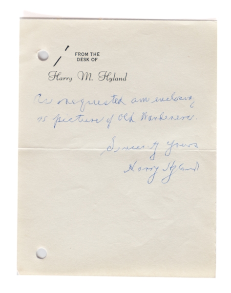 Deceased HOFer Harry Hyland (Montreal Shamrocks, Montreal Wanderers, Ottawa Senators) Signed Note from the E. Robert Hamlyn Collection
