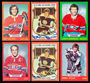 1973-74 O-Pee-Chee Hockey Signed Hockey Cards (112) Including Bobby Orr (2), Guy Lafleur, Bill Barber Rookie, Bob Nystrom Rookie (2), Larry Robinson Rookie and Numerous HOFers
