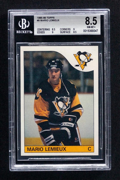 1985-86 Topps Hockey Card #9 HOFer Mario Lemieux Rookie - Graded Beckett 8.5