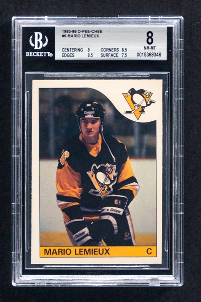 1985-86 O-Pee-Chee Hockey Card #9 HOFer Mario Lemieux Rookie - Graded Beckett 8
