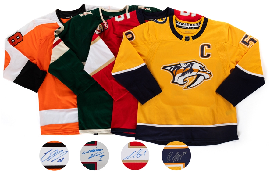 NHL Stars Signed Jersey Collection of 4 Including Aaron Ekblad, Roman Josi, Claude Giroux and Mikko Koivu with COAs