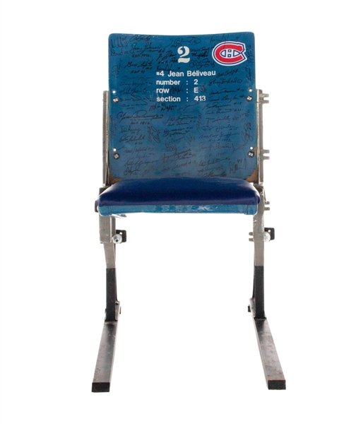 Montreal Forum Single Blue Seat Signed by 65 Former Montreal Canadiens Players Including HOFers Beliveau, Lafleur, H. Richard, Chelios, Cournoyer, Moore and Others