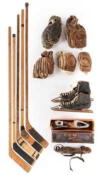 Vintage 1900s to 1970s Hockey and Baseball Equipment Collection of 12 including Sticks, Gloves and Skates 