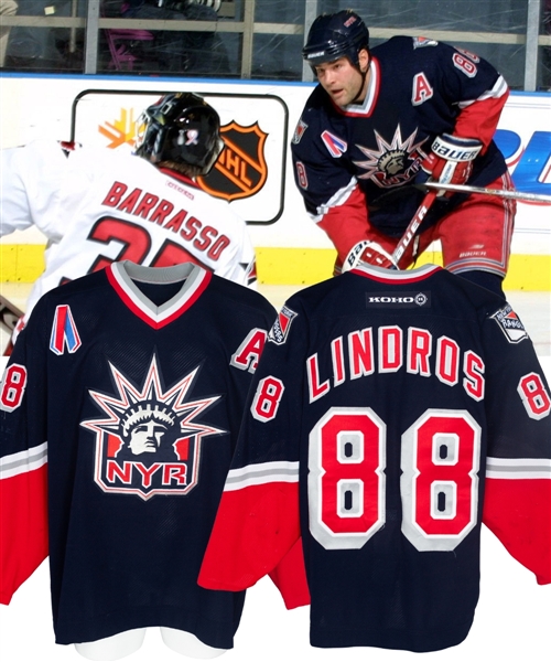 Eric Lindros 2001-02 New York Rangers "Lady Liberty" Alternate Captains Game-Worn Third Jersey with Team LOA - 9/11 Patch! - Photo-Matched!