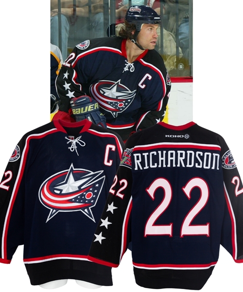 Luke Richardsons 2003-04 Columbus Blue Jackets Game-Worn Captains Third Jersey with LOA - Photo-Matched!
