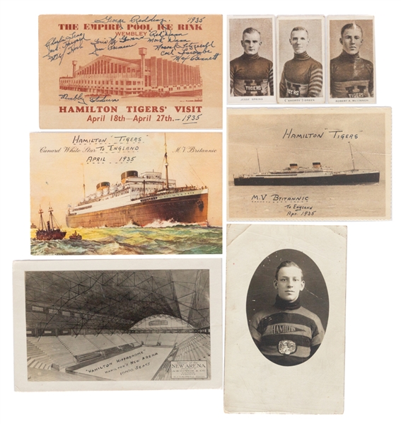 Hamilton Tigers OHA Vintage Memorabilia Collection including C144 Champs Cigarette Cards (3), 1929-30 Tigers Schedule and 1936 OHA Senior Champions Patch