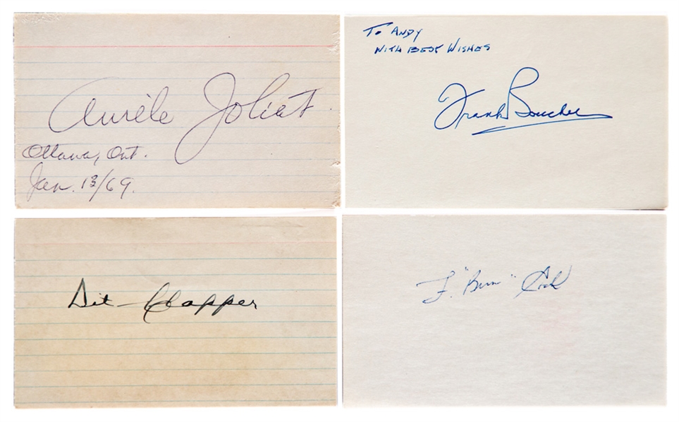 Deceased HOFers Signed Index Cards (7) Including Joliat, Boucher, Hextall, Frederickson, Bentley, Clapper and Bun Cook