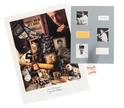 Deceased HOFer Joe DiMaggio Single-Signed Artwork Baseball (Marilyn Monroe), Signed Limited-Edition Poster and DiMaggio Brothers Signed Cut Display with JSA Auction LOA
