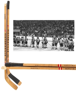 Pat Stapletons and Dennis Hulls 1972 Canada-Russia Series Signed Training Camp Victoriaville Game-Sticks