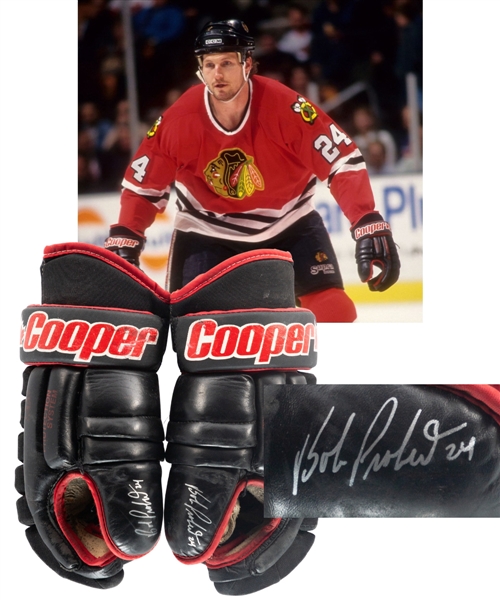 Bob Proberts Mid-1990s Chicago Blackhawks Signed Cooper Game-Used Gloves 