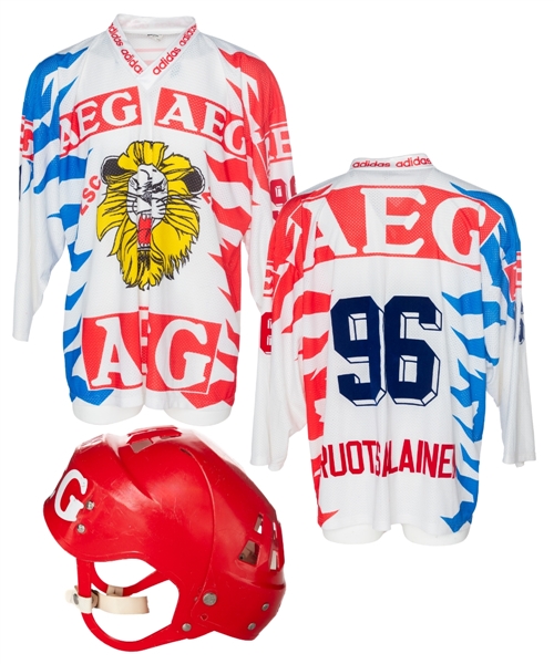 Reijo Ruotsalainens 1995-96 NLA Zurich Lions Game-Worn Jersey and Helmet from His Personal Collection with His Signed LOA