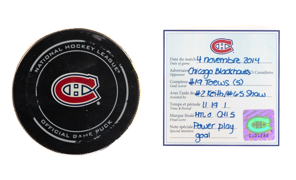 Jonathan Toews Chicago Blackhawks November 4th, 2014 Goal Puck with COA - Season Goal #5 of 28 / Career Goal #200 of 372 - Stanley Cup Championship Season!