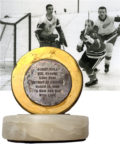 Bobby Hulls Chicago Black Hawks March 16th 1966 Record-Breaking 53rd Goal of Season Goal Puck