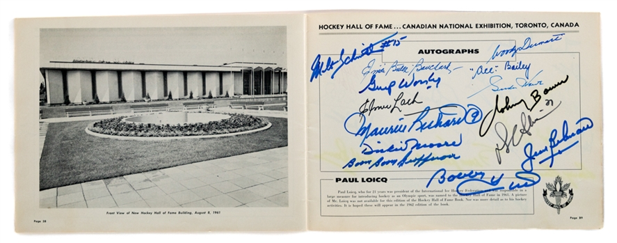 Hockey Hall of Fame 1962 Book Signed by 32 Including Deceased HOFers Bailey, Howe, M. Richard, Dumart, Geoffrion, Kennedy and Others Plus HOFers Dryden, P. Esposito and Others with LOA