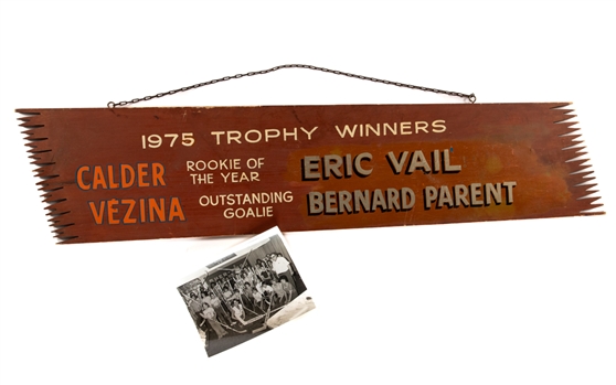 Vintage 1975 Trophy Winners (NHL) Wooden Sign for Rookie of the Year Eric Vail and Vezina Trophy Winner Bernie Parent - Hanged at the Sher-Wood Hockey Stick Factory