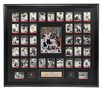 1972 Canada-Russia Series (1991 Future Trends) Signed Hockey Cards Framed Display Including Dryden, Henderson, Mikita, T. and P. Esposito and Clarke Plus Prime Minister Pierre Trudeau (36" x 32") 