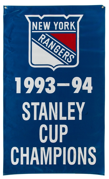 Mike Richter Signed 1994 Stanley Cup Finals Framed Photo plus 1993-94 Rangers Stanley Cup Champs Banner & MSG 1994 All-Star Game Banner