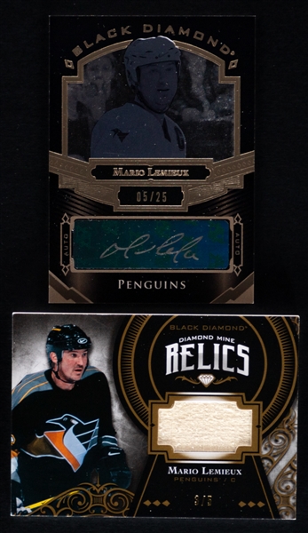 HOFer Mario Lemieux Hockey Cards (2) Inc. 2016-17 UD Black Diamond Signed Card #BDB-ML (05/25) and 2016-17 UD Black Diamond Diamond Mine Relics #DM-ML (03/05)