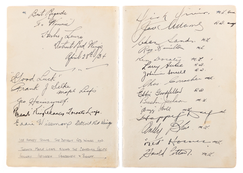Toronto Maple Leafs and Detroit Red Wings April 28th 1934 Multi-Signed Sheets (2) By 20 From Western Canada NHL Exhibition Tour with Deceased HOFers (11) Inc. Hainsworth, Conacher and Irvin 
