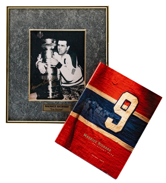 Deceased HOFer Maurice Richard Montreal Canadiens Signed Stanley Cup Framed Photo Plus Multi-Signed "Maurice Richard - Reluctant Hero" Coffee Table Book with Beliveau, H. Richard and Lafleur with LOA 