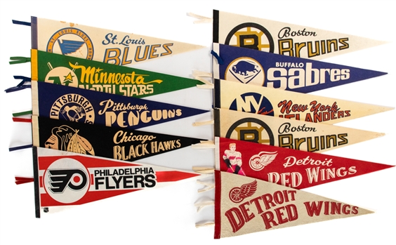 Vintage Hockey Pennants (11) Including C.1950s "Original Six" Era Example of the Detroit Red Wings and Late-1960s/Early-1970s NHL Expansion-Era Pennants (7)