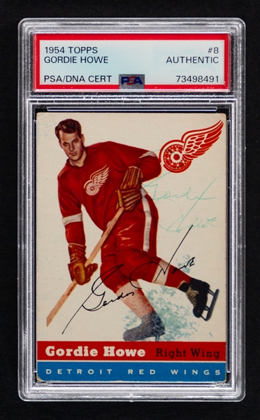 1954-55 Topps Signed Hockey Card #8 Deceased HOFer Gordie Howe (Card Graded PSA Authentic - Signature PSA/DNA Certified Authentic)