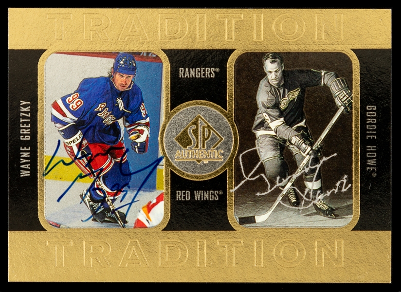 1997-98 UD SP Authentic Tradition Dual-Signed Hockey Card #T1 Wayne Gretzky / Gordie Howe (52/158)