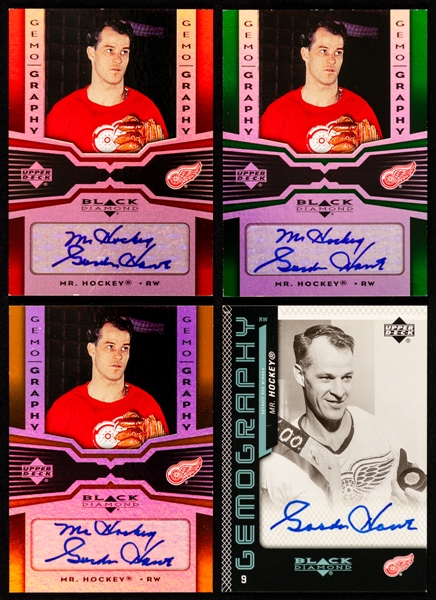2005-06 UD Black Diamond Gemography Signed Hockey Cards of Gordie Howe (3) #G-GH (Ruby 12/50), #G-GH (Emerald 1/25) and #G-GH (Gold 10/10) Plus 2006-07 UD Black Diamond Gemography #G-GH Gordie Howe