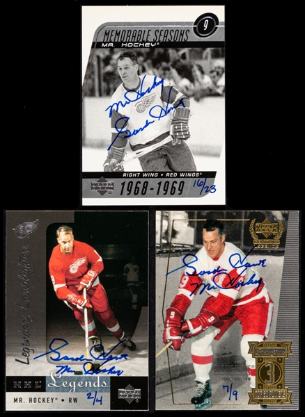2003-04 UD Series One Buyback Signed Cards of Gordie Howe w/ UD COAs (3) - 1999-00 UD Top 50 Players #3 (7/9), 2001-02 UD Legendary Lamplighters #91 (2/4)