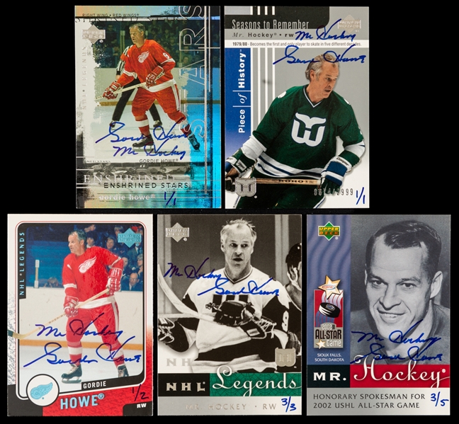 2004-05 UD SP Legendary Signatures Buyback Signed Cards of Gordie Howe w/ UD COAs (5) Inc. 2000-01 UD Legends Enshrined Stars #ES2 (1/1) and 2002-03 UD Piece of History #96 (1/1)