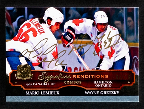 2013-14 UD The Cup Signature Renditions Combos Dual-Signed Hockey Card #SRC-LG HOFers Wayne Gretzky and Mario Lemieux (06/15) - 1987 Canada Cup