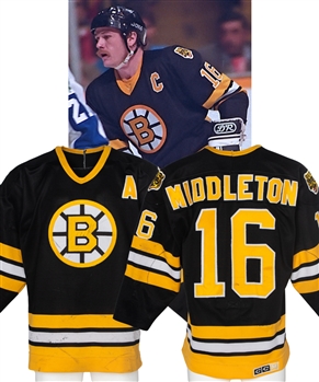 Rick Middletons 1986-87 Boston Bruins Game-Worn Alternate Captains Jersey - Heavy Game-Wear! - Numerous Team Repairs! - Multiple Photo-Matches!