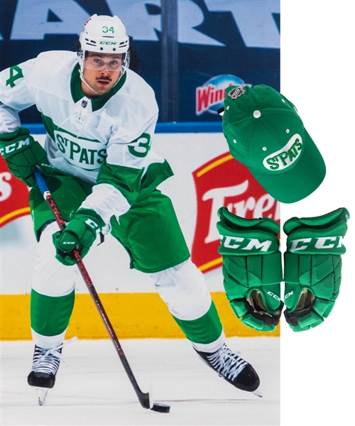 Auston Matthews’ 2020-21 Toronto Maple Leafs “Toronto St Pats” CCM Pro Game-Used Gloves, Locker Room Nameplate and Hat with Team LOAs