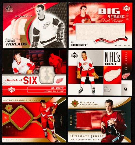 Gordie Howe Upper Deck Patch/Jersey Hockey Cards (6) Inc. 2003-04 SP Game Used Limited Threads #LT-MH Gordie Howe (15/21) and 2004-05 UD Big Playmakers #BP-GH Gordie Howe (20/50)