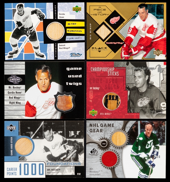 Gordie Howe 1999-2000 to 2006-07 Upper Deck Used Stick Hockey Cards (6) Inc. 1999-2000 Retro Momentos #RM6 and 1999-00 UD Black Diamond A Piece of History #GH Gordie Howe (Level 1)