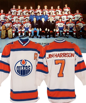 Jim Harrisons 1973-74 WHA Edmonton Oilers Game-Worn Alternate Captains Jersey - Photo-Matched!