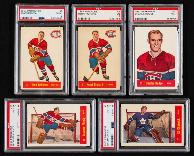 1957-58 Parkhurst Hockey Complete Graded 50-Card Set Inc. HOFers #15 Plante (PSA 4), #4 H. Richard Rookie (PSA 3), #22 Horton (PSA 5) and #17 Mahovlich Rookie (KSA 3) - 33 Cards Graded EX or Better