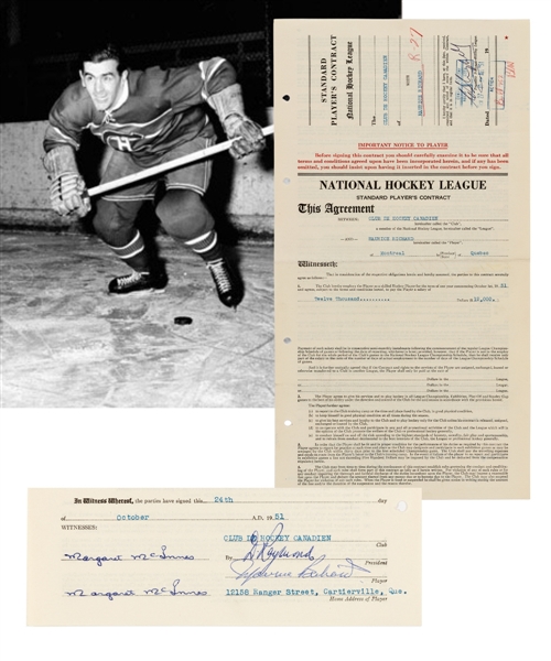 Maurice "Rocket" Richards 1951-52 Montreal Canadiens NHL Contract Signed by Deceased HOFers Maurice Richard, Donat Raymond and Clarence Campbell
