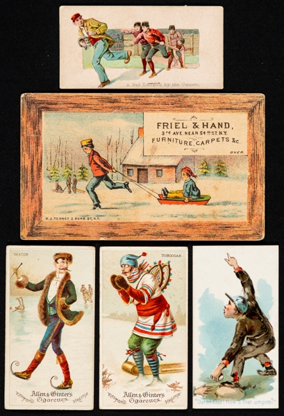 1888 to 1890 Allen & Ginter, Dukes and Goodwin Sport-Themed Tobacco Cards (10) Inc. N86 A Bad Decision by the Umpire and N88 Out on First Plus Victorian-Era Trade Cards (4) Inc. Baseball