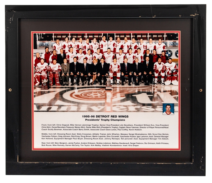 Detroit Red Wings 1995-96 Framed Team Photo from Dino Ciccarellis Personal Collection with His Signed LOA - Displayed at "Ciccarellis Premier Sports Club and Eatery" Restaurant