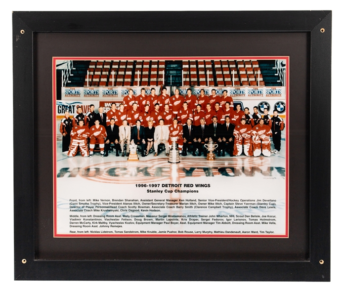 Detroit Red Wings 1996-97 Stanley Cup Champions Framed Team Photo from Dino Ciccarellis Personal Collection with His Signed LOA - Displayed at "Ciccarellis Premier Sports Club and Eatery" Restaurant