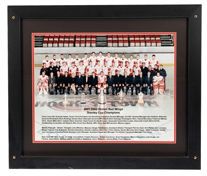 Detroit Red Wings 2001-02 Stanley Cup Champions Framed Team Photo from Dino Ciccarellis Personal Collection with His Signed LOA - Displayed at "Ciccarellis Premier Sports Club and Eatery" Restaurant