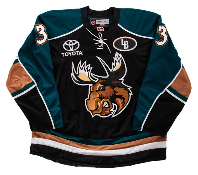 Travis Ehrhardts 2008-09 AHL Manitoba Moose Game-Worn Jersey with LOA - Luc Bourdon LB Patch!