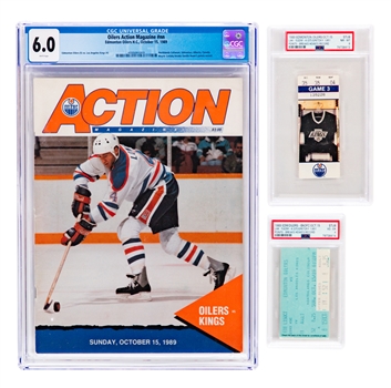 October 15th 1989 Wayne Gretzky "1851 Points" Graded Ticket Stubs Graded Collection of 2 Plus Game Program - Los Angeles Kings 5 Edmonton Oilers 4 – Gretzky Surpasses Howe! - PSA NM-MT 8 and VG-EX 4!