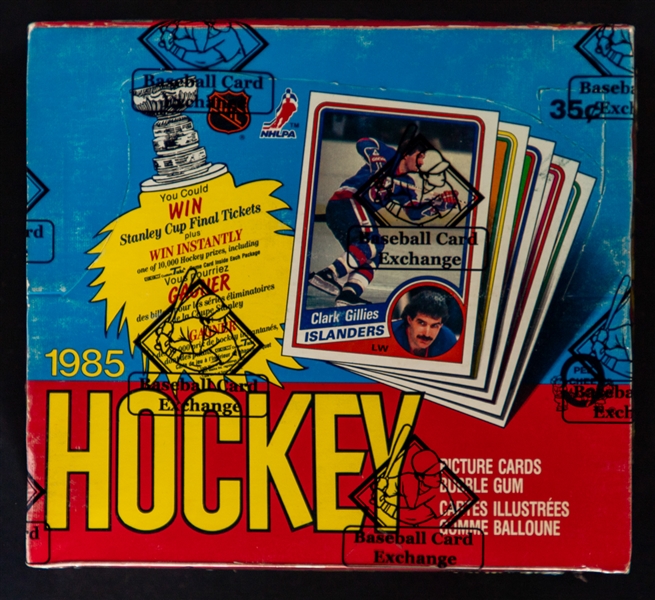 1984-85 O-Pee-Chee Hockey Wax Box (48 Unopened Packs) - BBCE Certified - Showing on Back of Packs Rookie Cards of Cam Neely (2), Pat LaFontaine (1) and Dave Andreychuk