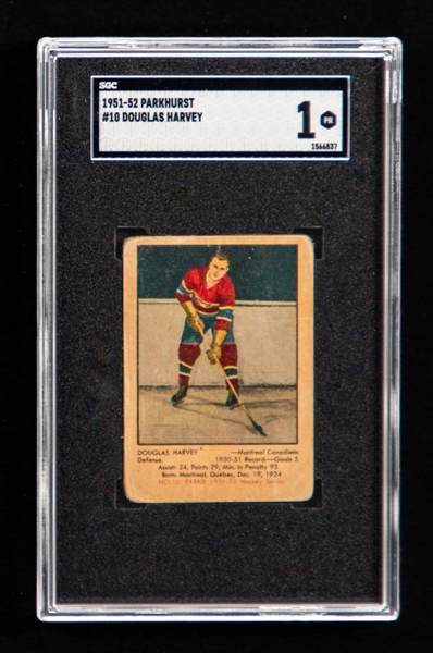1951-52 Parkhurst Hockey Card #10 HOFer Doug Harvey Rookie - Graded SGC 1