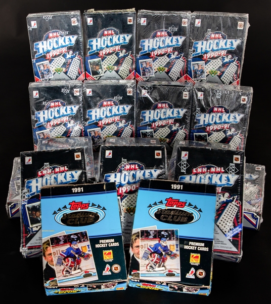 1990-91 Upper Deck Hockey Factory Sealed Wax Boxes (18) Including High Series (7), Low Series (8) and Low Series French (3) - Jagr, Federov, Bure, Modano, Belfour, Sundin & Others Rookie Card Year