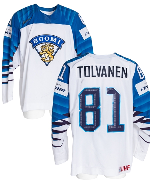 Eeli Tolvanens 2018 IIHF World Championships Team Finland Game-Worn Jersey with Finnish Ice Hockey Association COA - Photo-Matched!