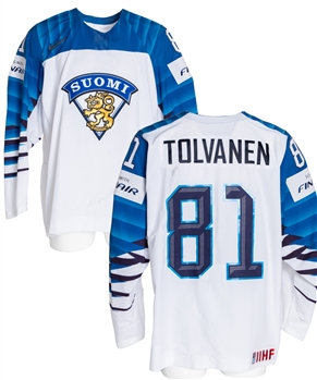 Eeli Tolvanens 2018 IIHF World Championships Team Finland Game-Worn Jersey with Finnish Ice Hockey Association COA - Photo-Matched!